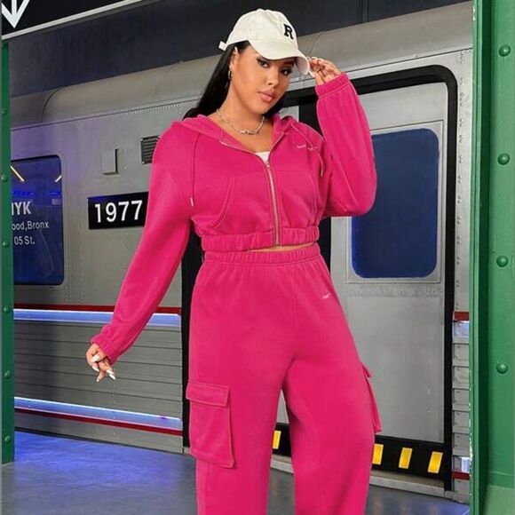 NEW! *Hot Pink* Plus Hoodie (Only) Letter Graphic Zip Up Drop Shoulder Sz 1X - Picture 2 of 5